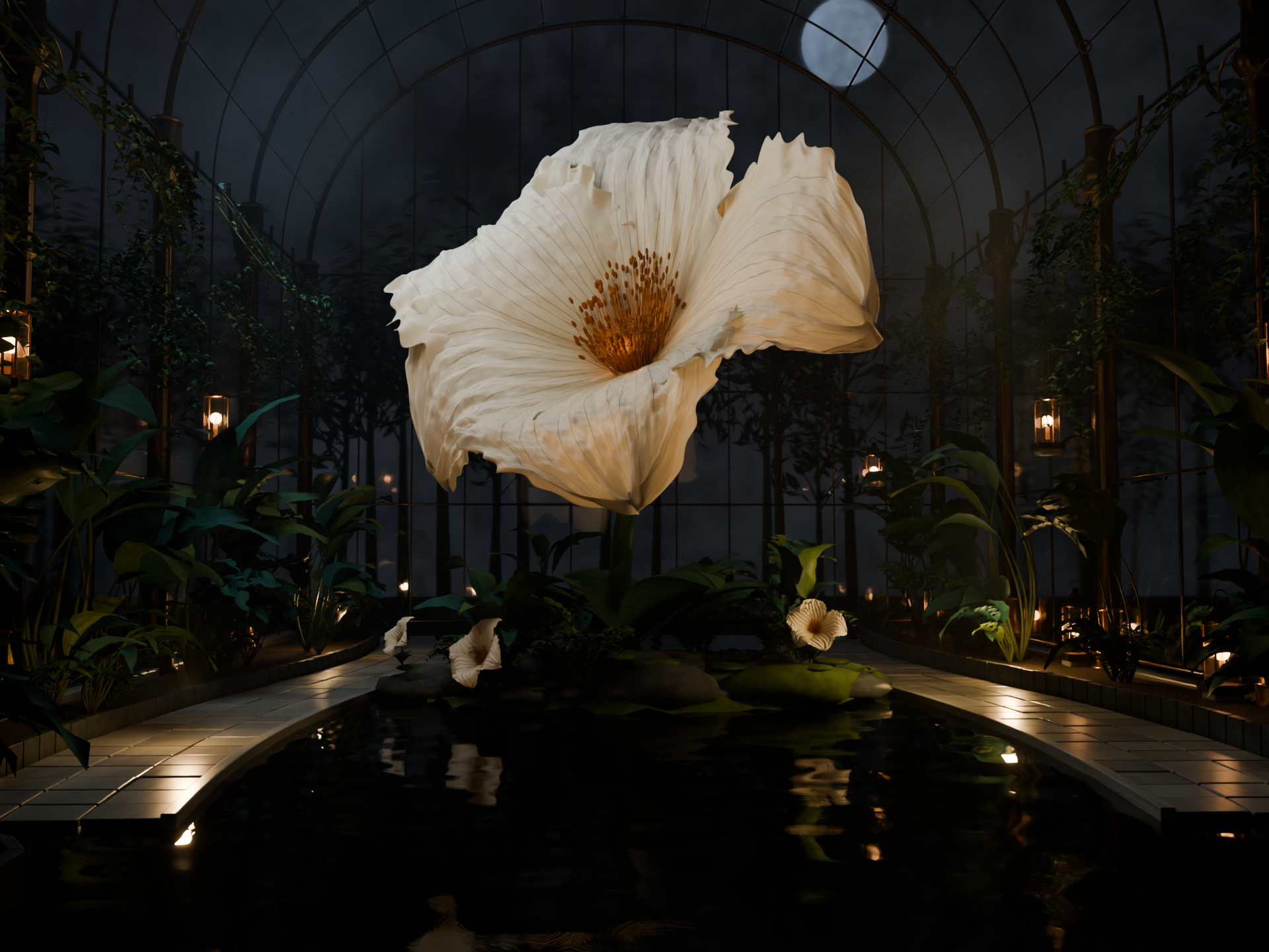 An ivory flower opens inside a moonlit glass conservatory, reflected in a pool between planted banks and warm lanterns.