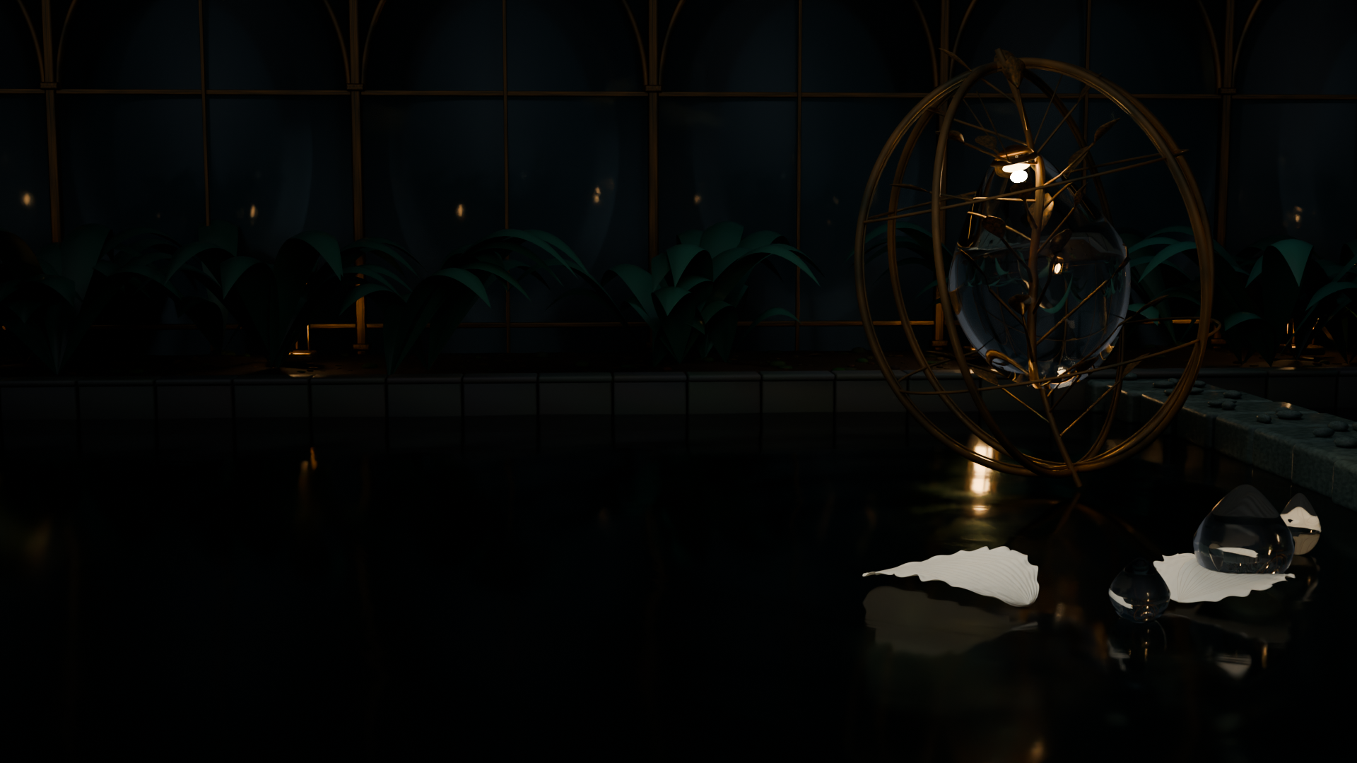 A suspended glass lens within a bronze botanical instrument above dark water and drifting ivory petals, beside a planted stone bank.